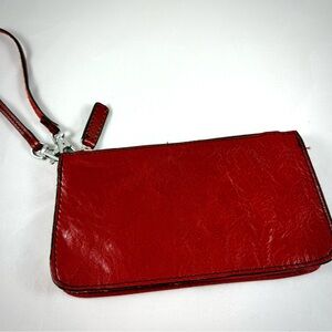 Red Leather Zippered Wristlet Clutch with Mirror.